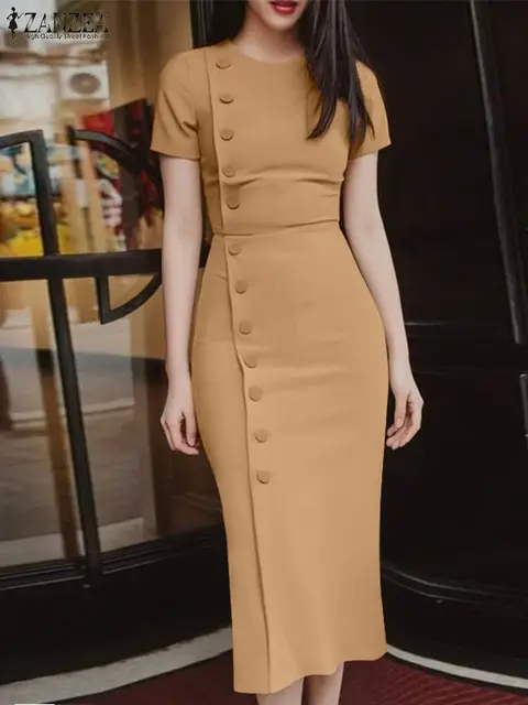 ZANZEA Women Elegant Wrap Hip Dress 2024 Summer Short Sleeve Evening Dress Slim Party Midi Dress Sexy Office Buttons Vestidos