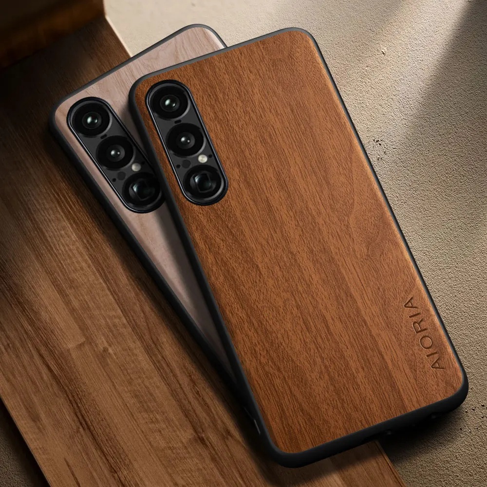 Capa para Sony Xperia 1 VII VI V IV III, capa simples e elegante com padrão de madeira, capa de couro PU para Sony 1 VII.