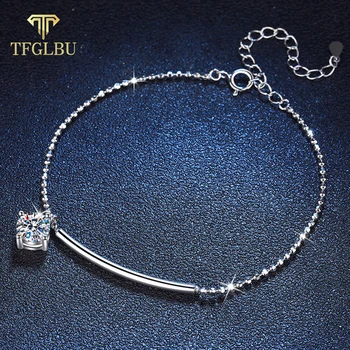 TFGLBU 1CT 6.5mm Pass Test D Color Moissanite Cuff Simple S925 Silver Charm Bracelet for Women Top Quality Jewelry Gift