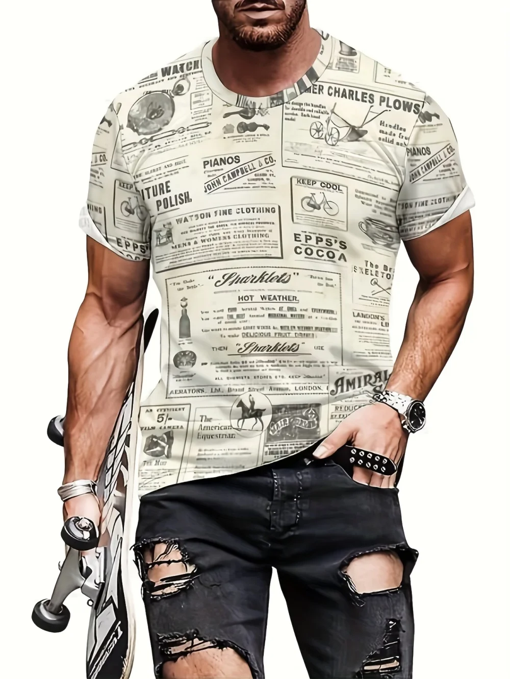 Men T-Shirts Old Newspaper 3D Print Men Summer Casual Fashion Hip Hop Funny Short Sleeve New Streetwear Vintage Tees Tops Shirt