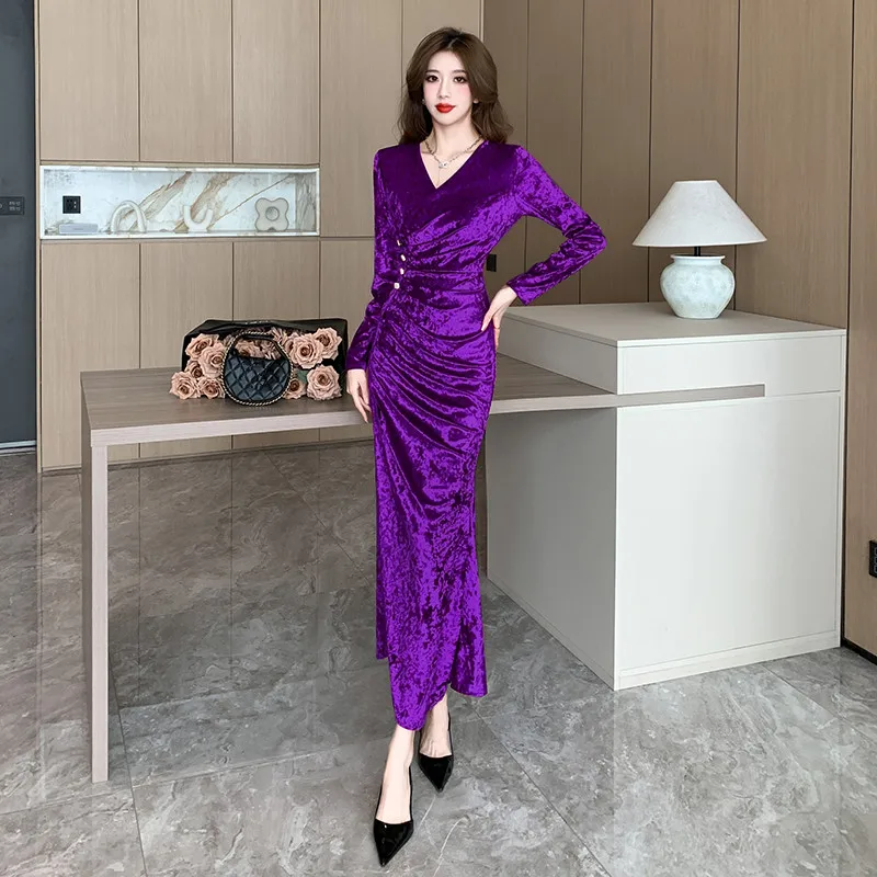 

Temperament Autumn Winter Purple Velvet Sexy Split Bodycon Robe New Women V Neck Long Sleeve Velour Folds Buttons Party Vestidos