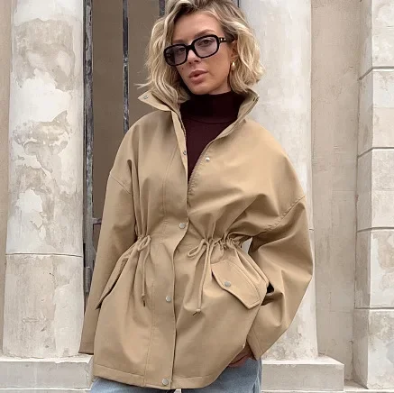 Autumn Barn style retro tooling trench coat women's medium and long drawstring waist lace slack simple casual coat
