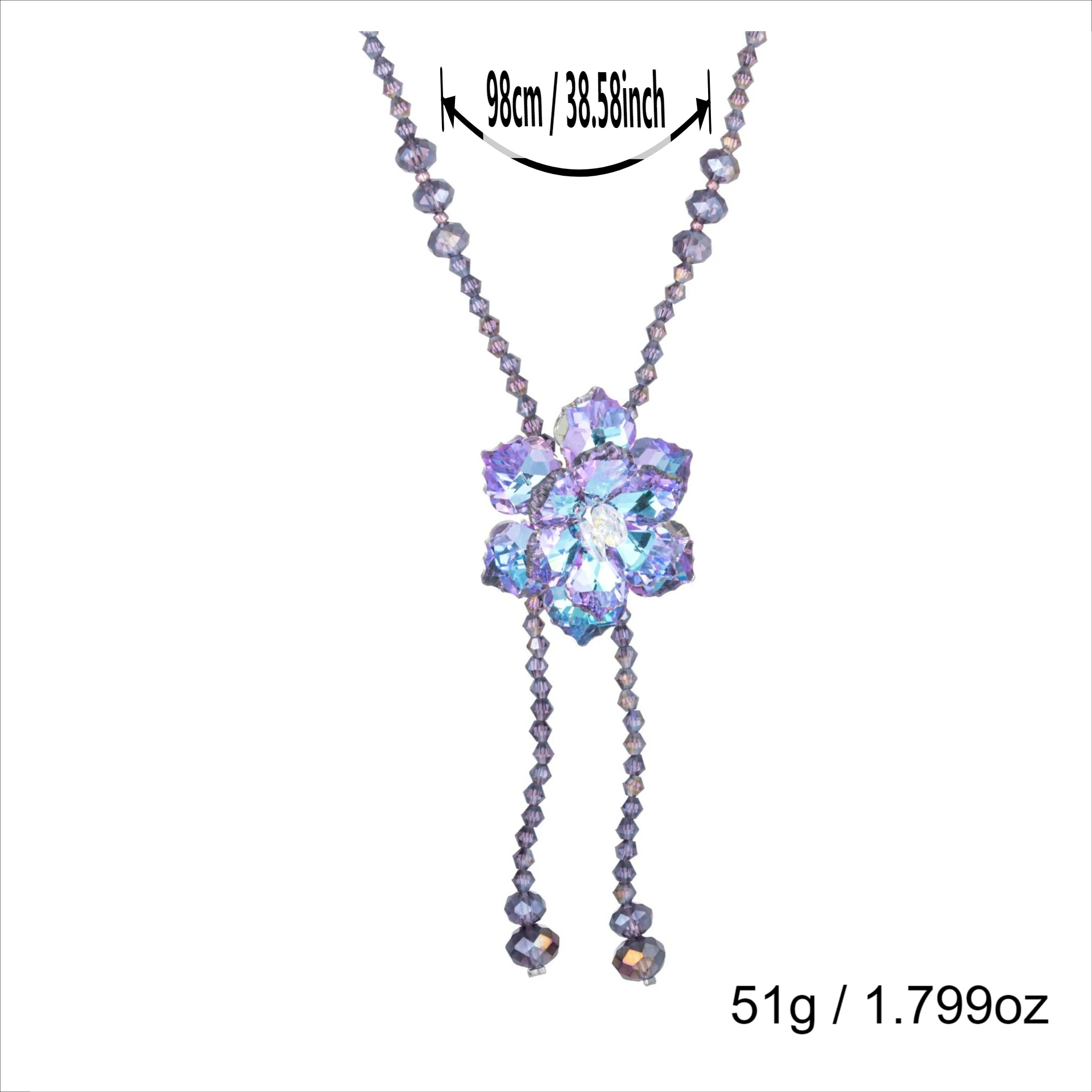 Purple Crystal Flower Long Necklace for Women, Lucky Charm Lariat Beaded Necklace Good Fortune Statement Jewelry Party Gift