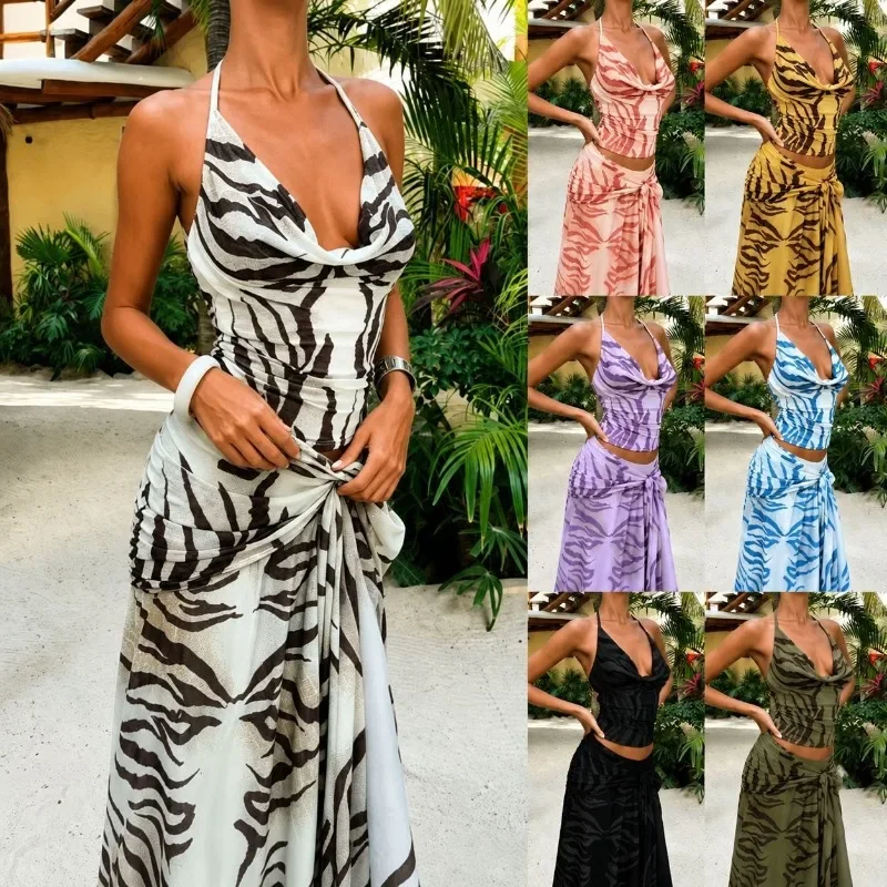 Women Zebra Print 2 Piece Set European Summer Draped Halter Neck Top Tie Waist Midi Skirt Casual Vacation Matching Outfit