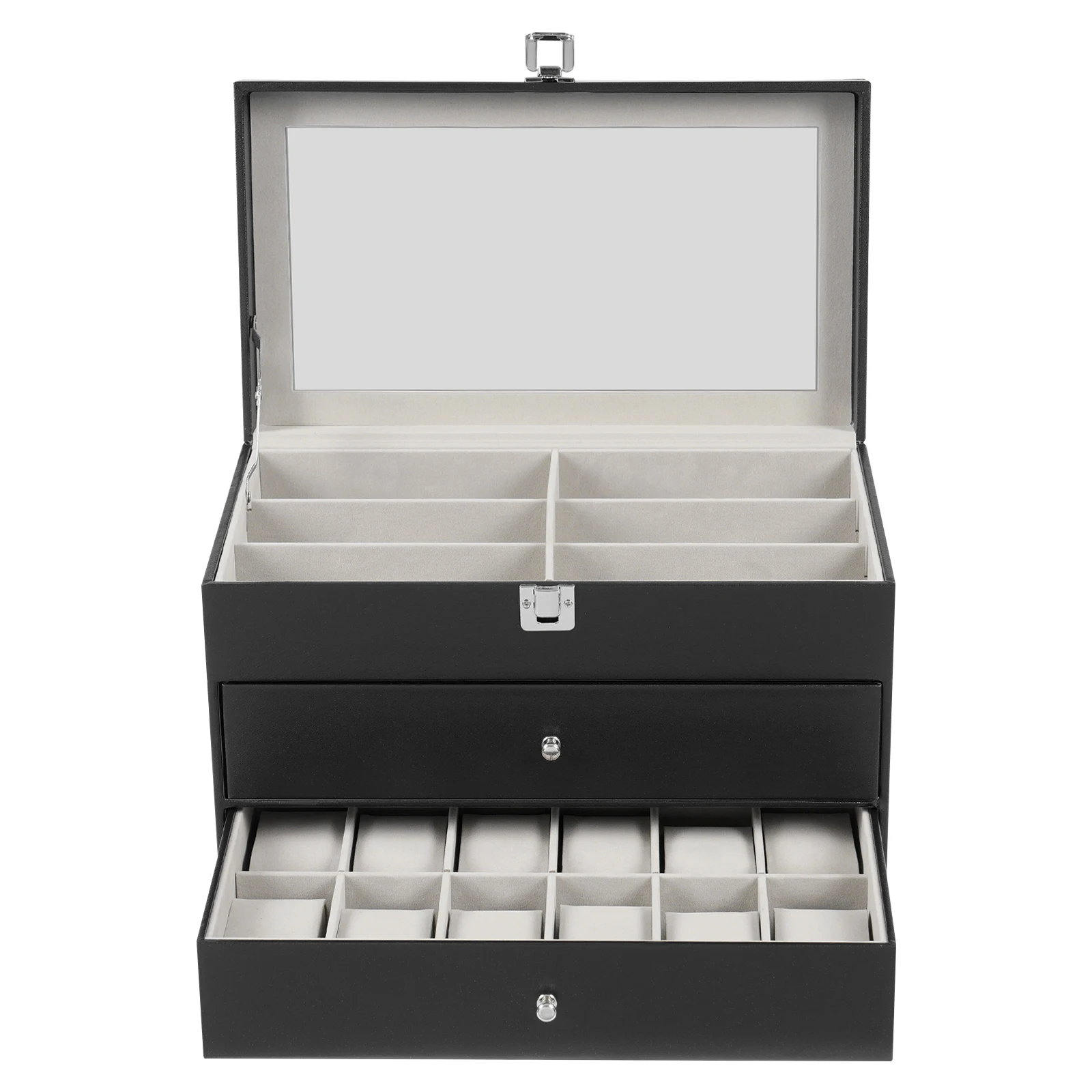 Schmuck-Aufbewahrungsbox mit 3 Ebenen, 12-Fach-Brillenetui + 12-Fach-Uhren-Organizer mit Glasschutzfächern für Zuhause – Detail 4