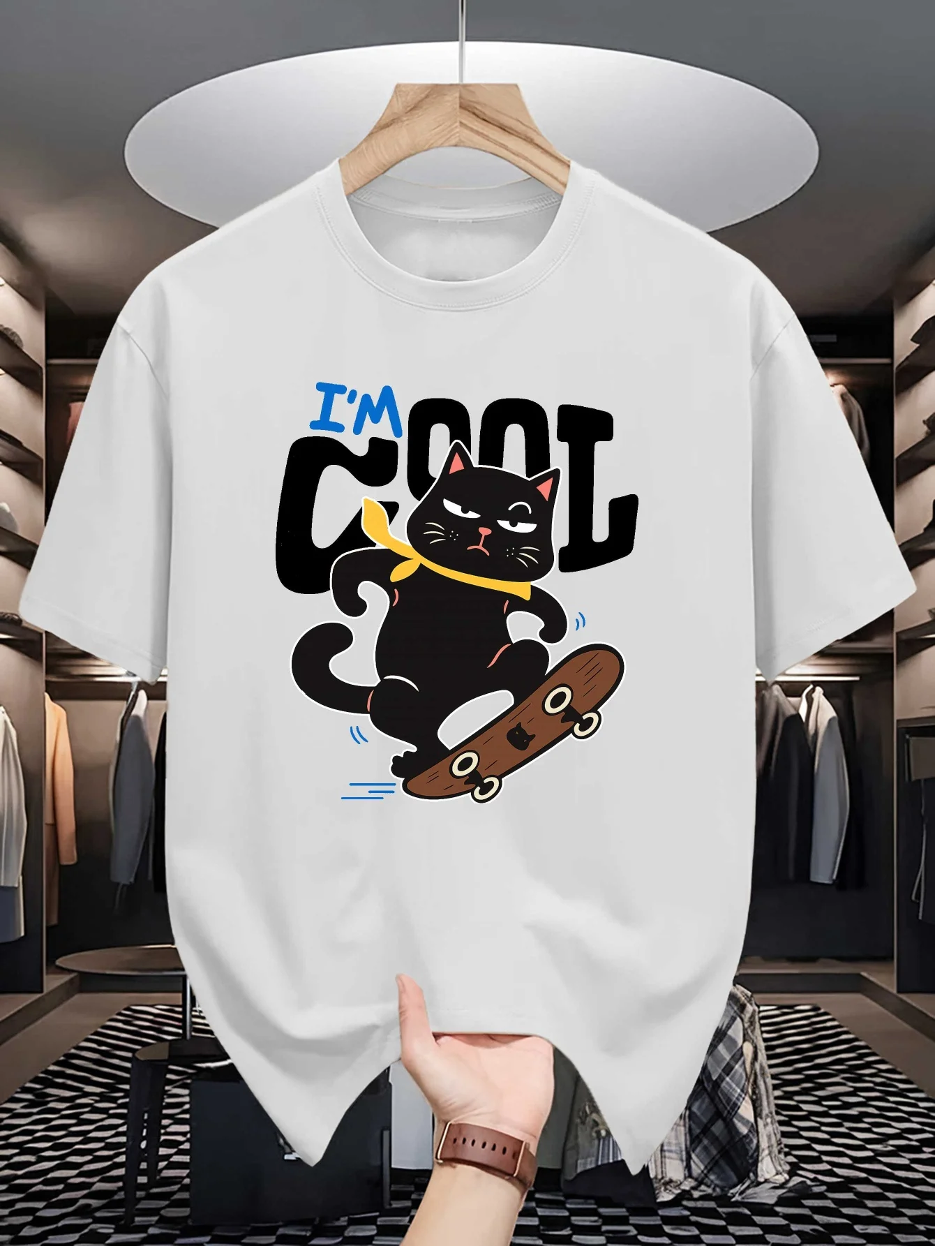 Mens Crew Neck TShirt I Am Cool Skateboarding Black Cat Graphic Tee Casual Summer Tops for Street Sport Animal Lovers Daily Gift