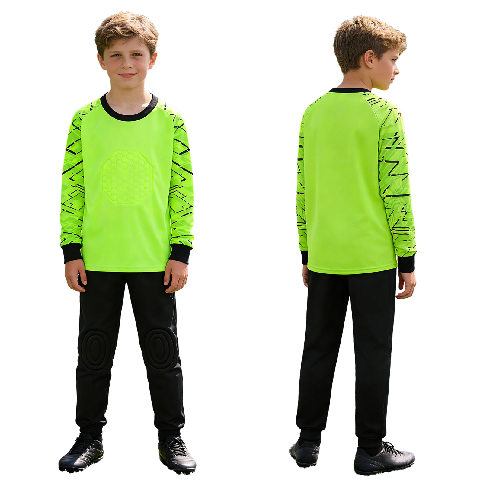 Kids Boys Girls Protective Pads Soccer Goalkeeper Set Goalie Uniform Jersey with Drawstring Pants Football Training Match Outfit