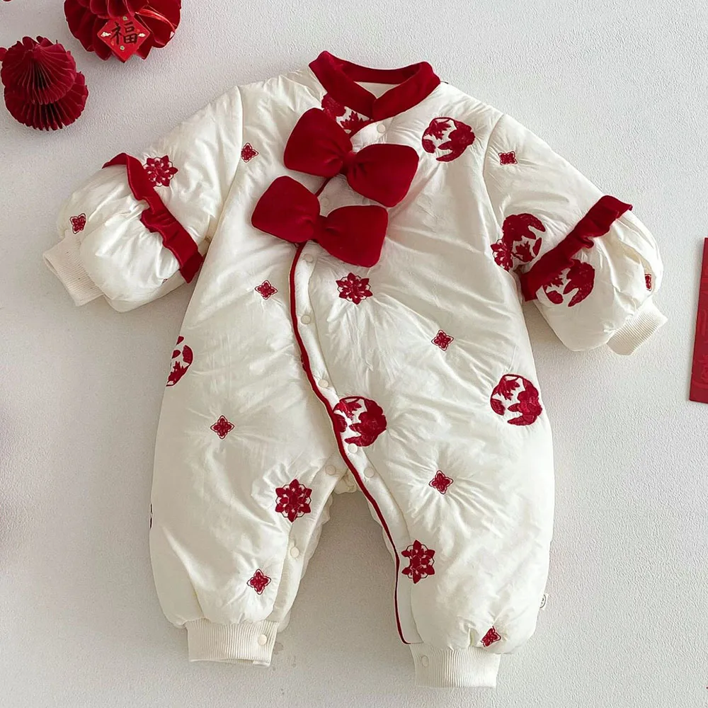 

Рождественская зимняя одежда для маленьких девочек, бархатный стеганый теплый детский комбинезон с вышивкой в китайском стиле, новогодние детские комбинезоны принцессы