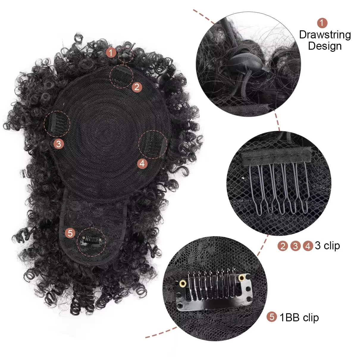 Moño de pelo rizado sintético para mujer, coleta Afro Puff con cordón y flequillo, extensión con Clip