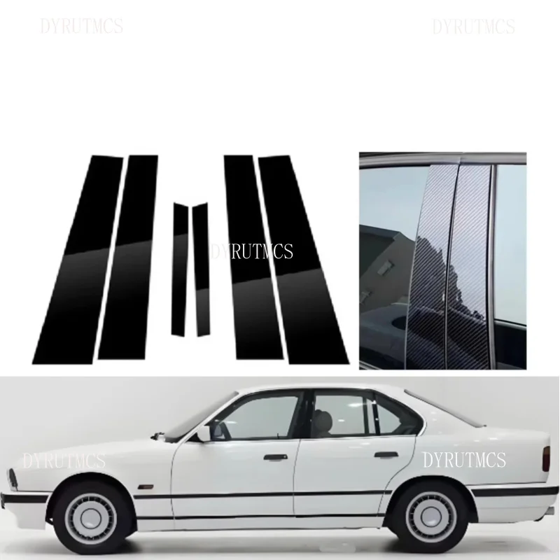 

6PCS Gloss Black Silver Carbon Trim Pillar Posts Fit For BMW 5-Series E34 1987-1993 1994 1995 1996 Window Door Moulding Cover