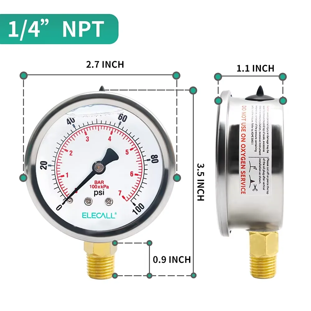 ELECALL  Pressure Gauge 15-5000 Psi 1/4”NPT G1/4