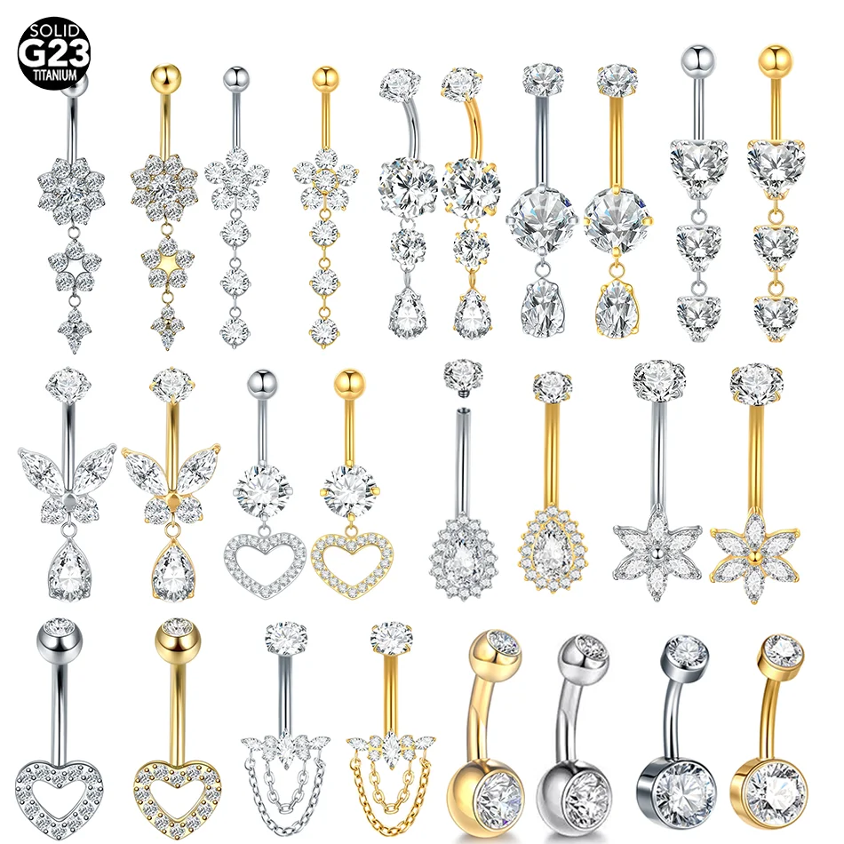 1pc titane coeur Zircon nombril anneau Piercing bijoux 14G barre goutte d'eau papillon fleur nombril CZ Piercing ombligo