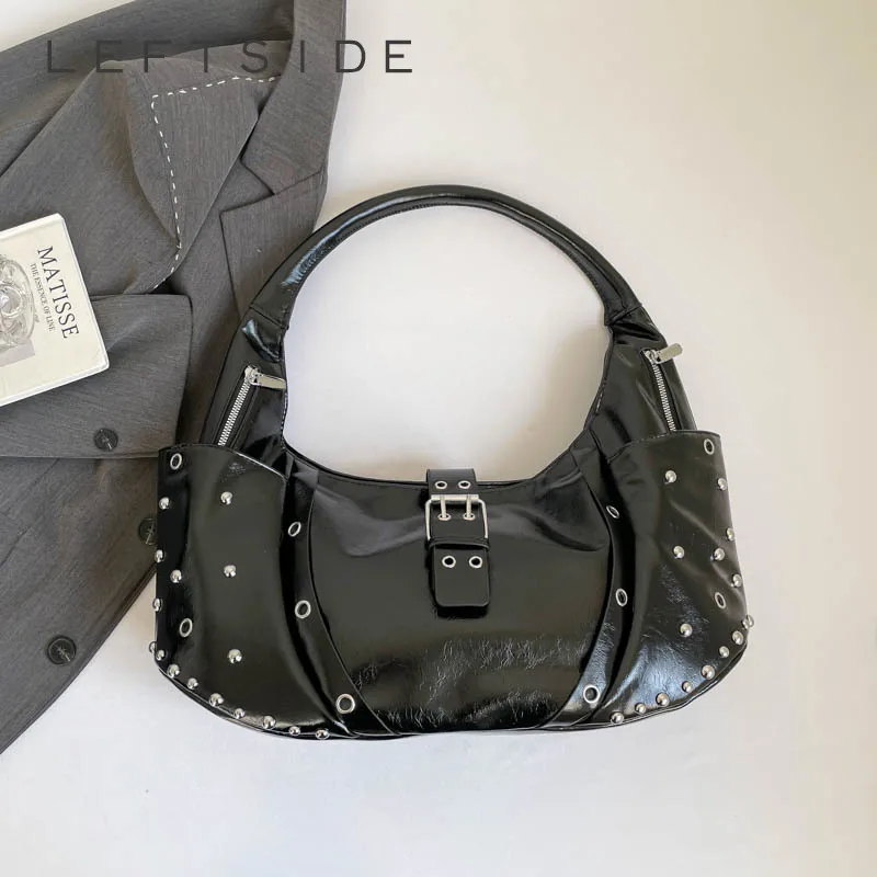 

Женская сумка-полумесяц из лакированной кожи с заклепками и пряжками, в стиле ретро, для повседневного использования, уличная сумка через плечо, новинка 2026 года