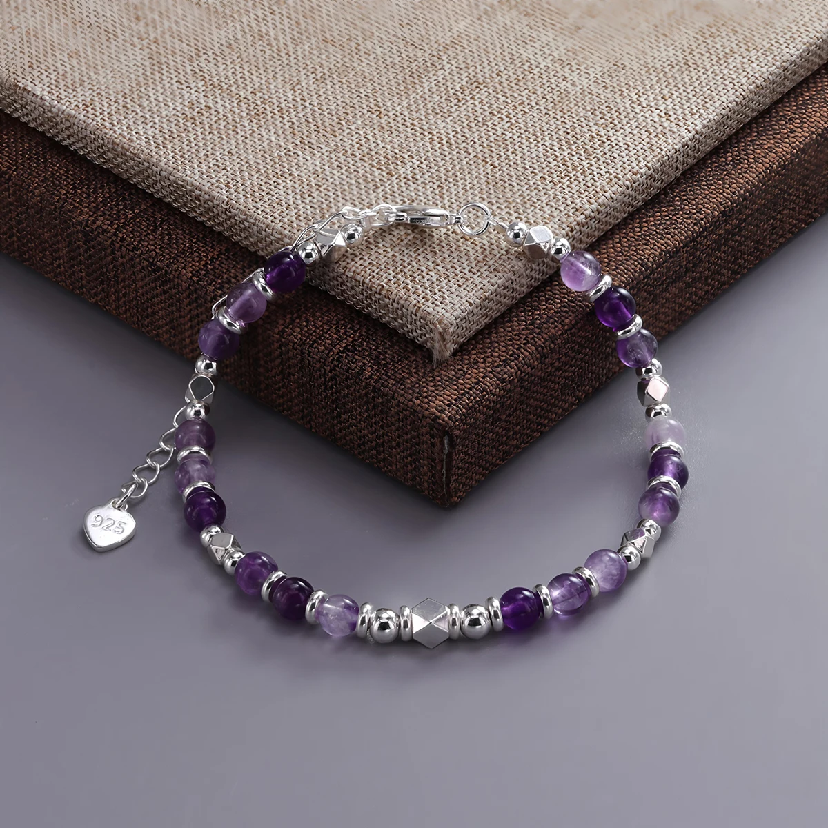 VENTFILLE 925 Sterling Silver Natural Amethyst Crystal Silver Round Bead Bracelet For Women Gift Bohemia Jewelry Dropshipping