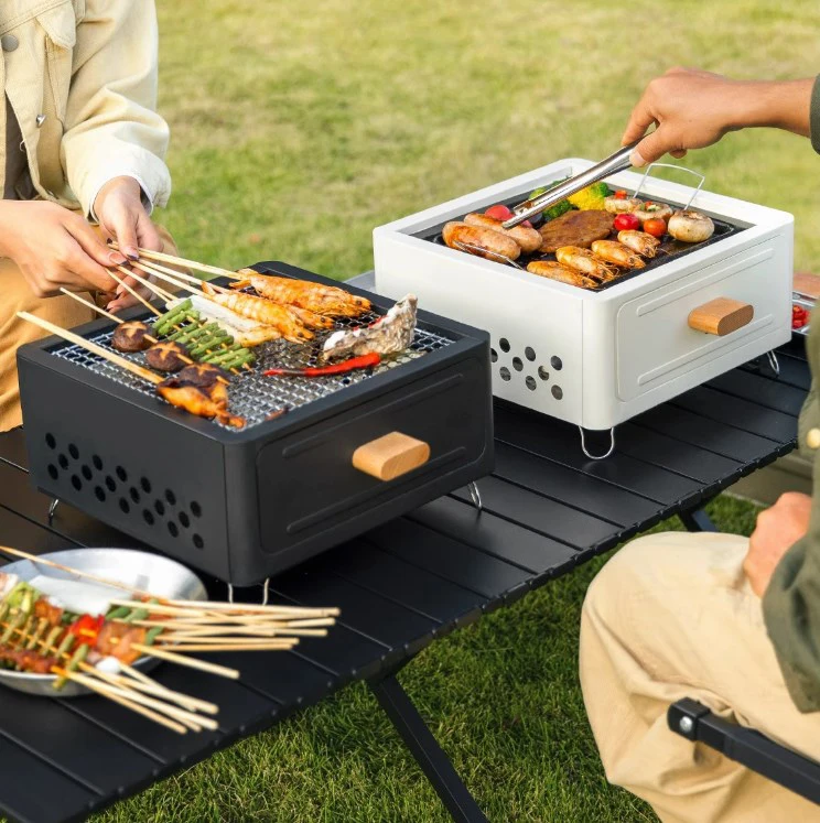 Outdoor Portable Barbecue Grill Home Camping Smokeless Charcoal BBQ Stove All-in-One Square Tea Cooker with Barbecue Accessories