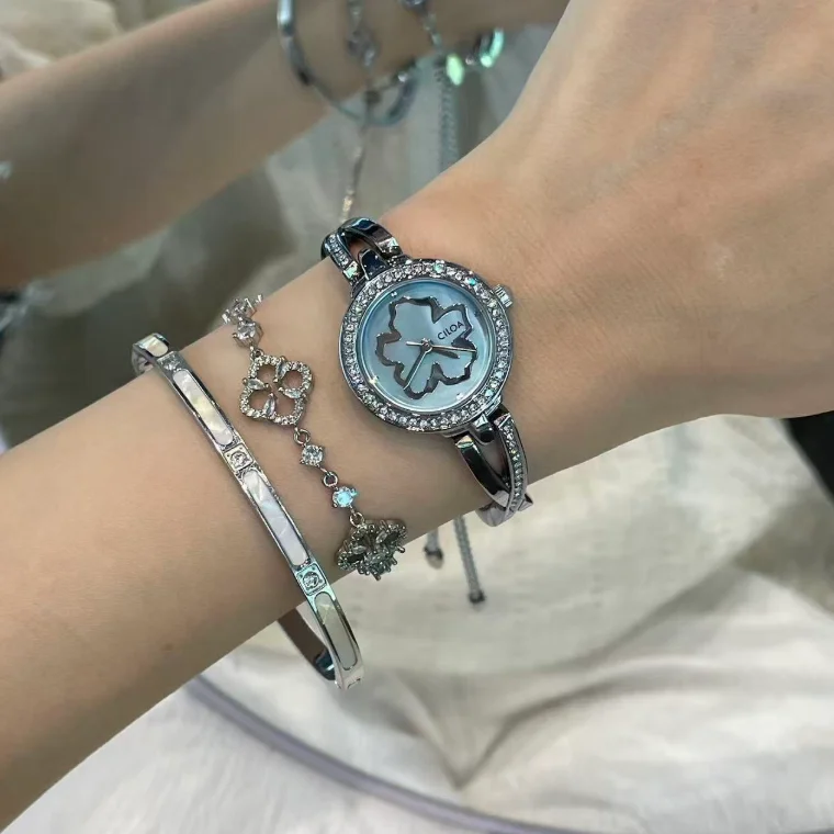 CILOA-Elegant Ladies Bangle Watch Blue Shell Four Leaf Clover Dial Full Rhinestone Bezel Silver Women Quartz Wristwatch-0658