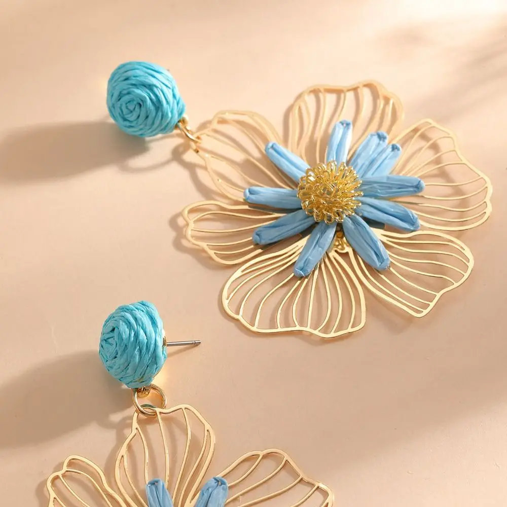 Sweet Summer Raffia Grass Flower Earrings Lafite Grass Alloy Straw Drop earrings Handmade Exaggerated Bohemian Earrings Gifts