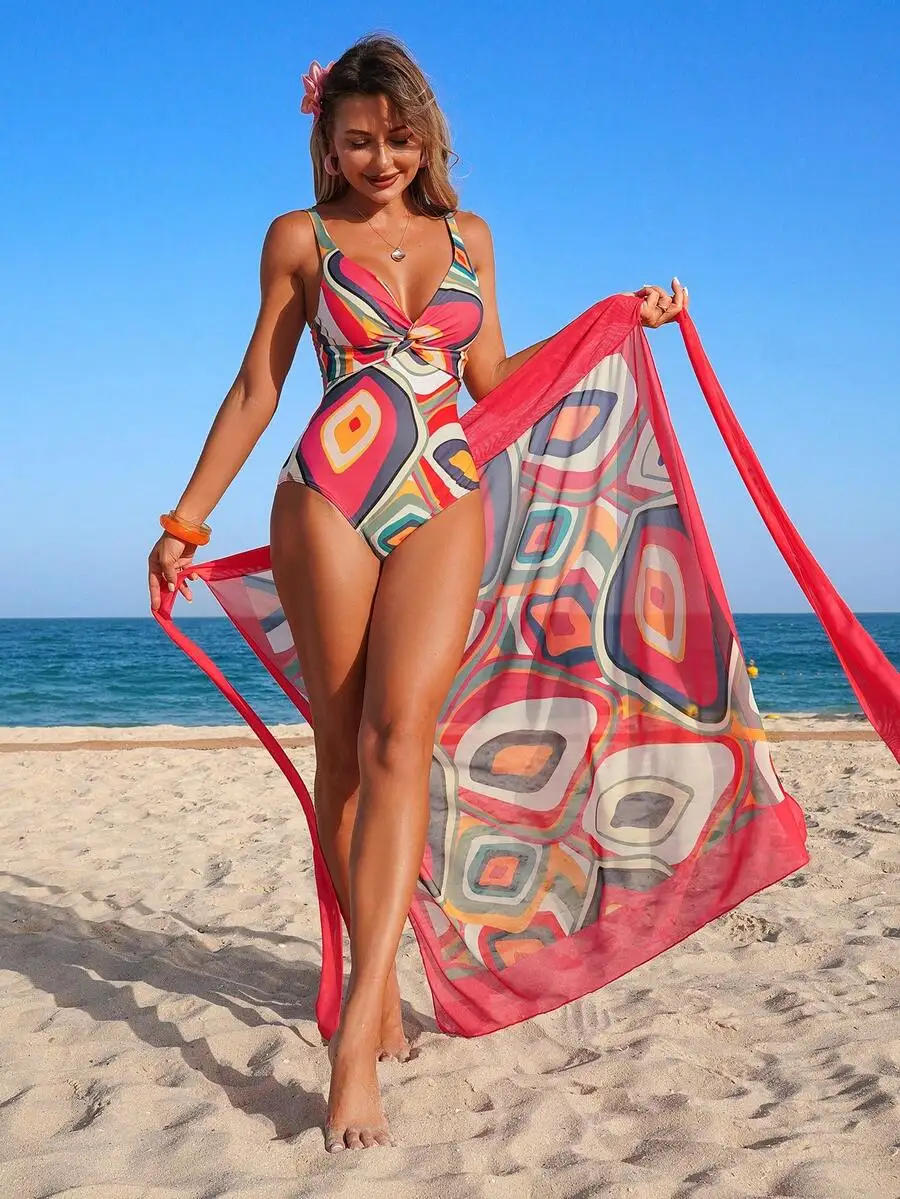

Women One-Piece Twisted Print Swimsuit With Mesh Tie-Up Beach Skirt Set