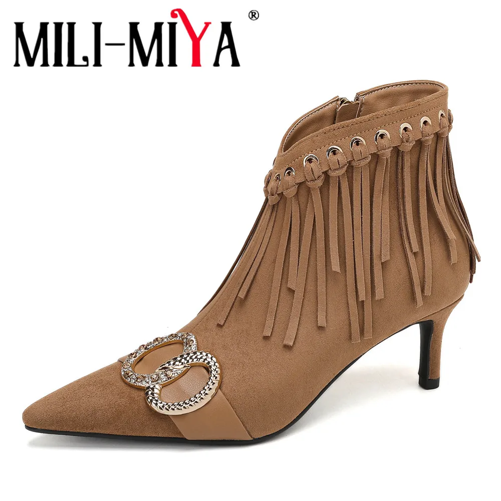 MILI-MIYA женские замшевые ботильоны на тонком каблуке с острым носком и украшением кисточкой, однотонные молнии в богемном стиле, ручная работа MILI-MIYA женские замшевые ботильоны на тонком каблуке с острым носком и украшением кисточкой, однотонные молнии в богемном стиле, ручная работа