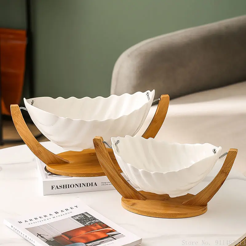 1pc Nordic Style Creative Creative Bamboo Wood Frame Ceramic Fruit Dried Fruit Dim Sum Plate Household Living Room Catering Bowl