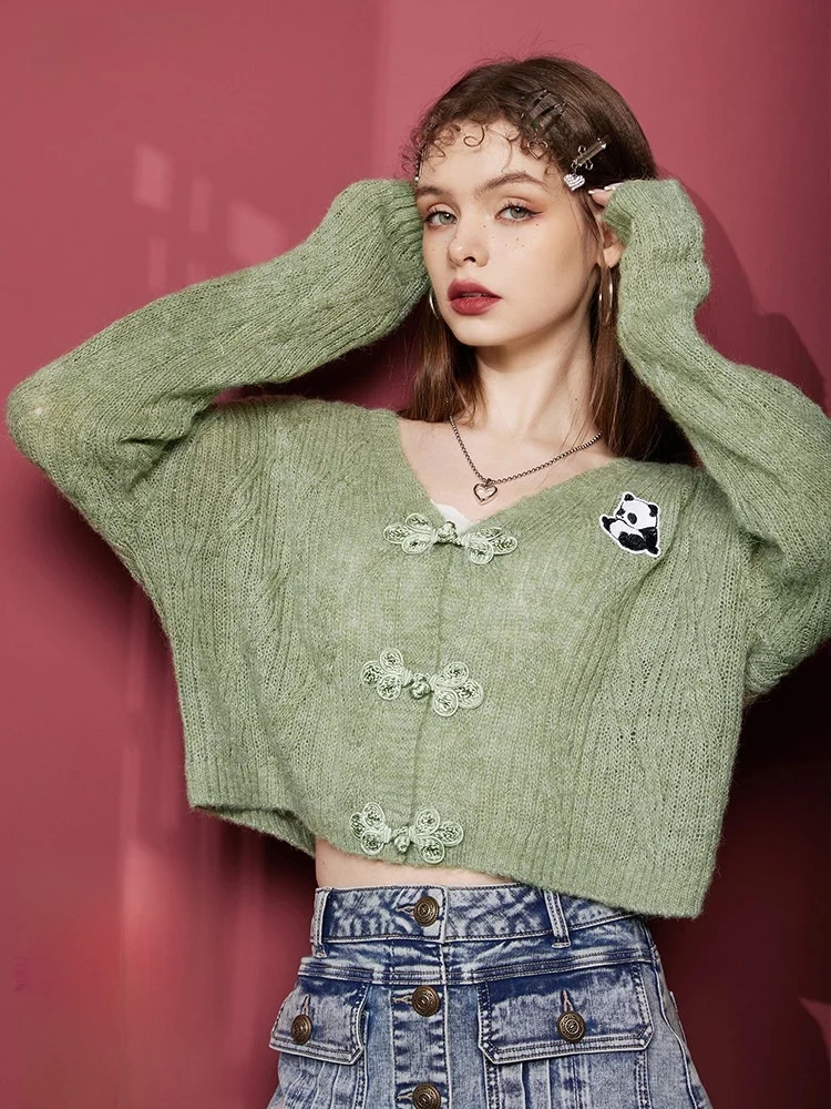 

Spring V-Ne ort Knitted Open Cardigan Women's Light een Mint Oolong Tea Color Elf Sa Brand Faion Outerwear Sweater