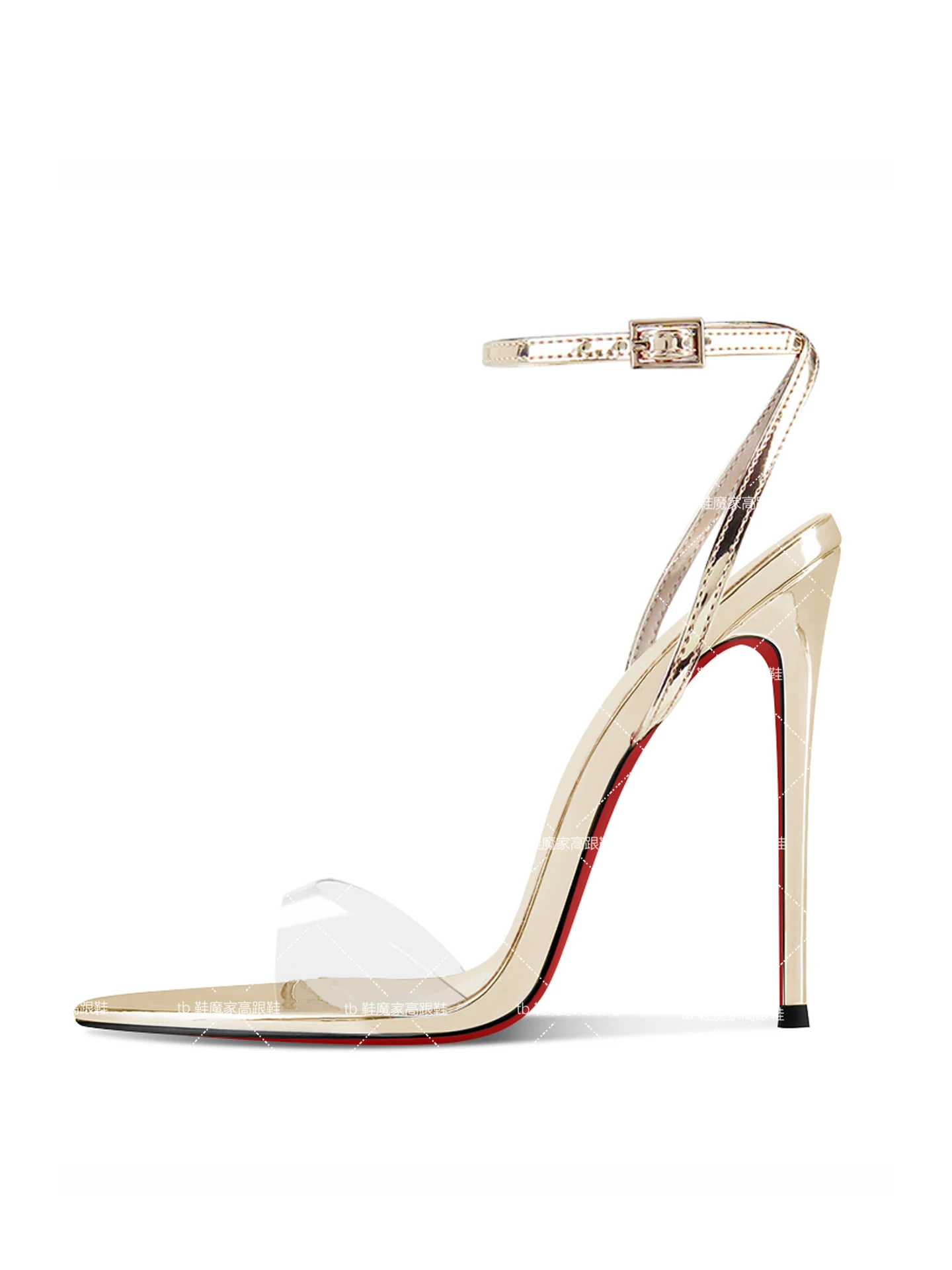 European and American Sexy Champagne Colored High Heels New Pointed Toe Open Toe Straight Buckle Sandals Women's Plus Size Shoes image 5