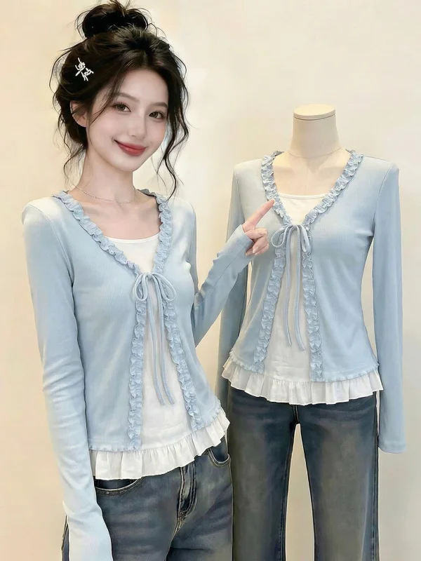 

Light Blue Wooden V-neck Long Sleeve T-shirt Women's Fashion Spring New Style Korean Version plus Size Commute Wind