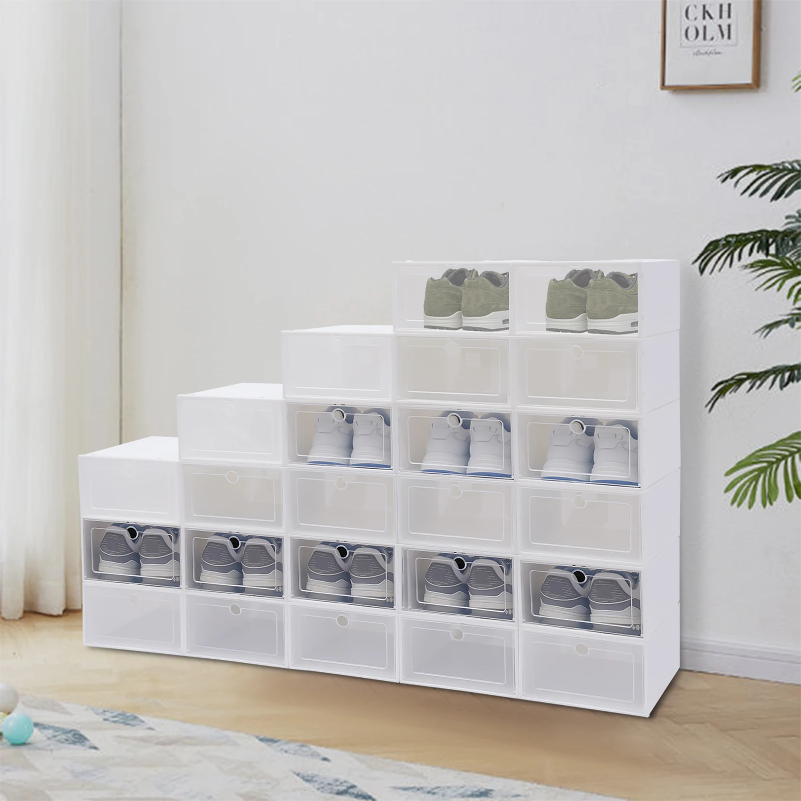 

20/24 Pack Shoe Storage Boxes, Clear Plastic Clamshell Shoebox Stackable Organizer Foldable Shoe Display Box Shoe Container