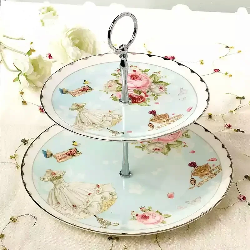 Double Layer Plate Set Romantic Rose Ceramic European Fruit Plates Household Bone China Nuts Dessert Cake Tray Tableware