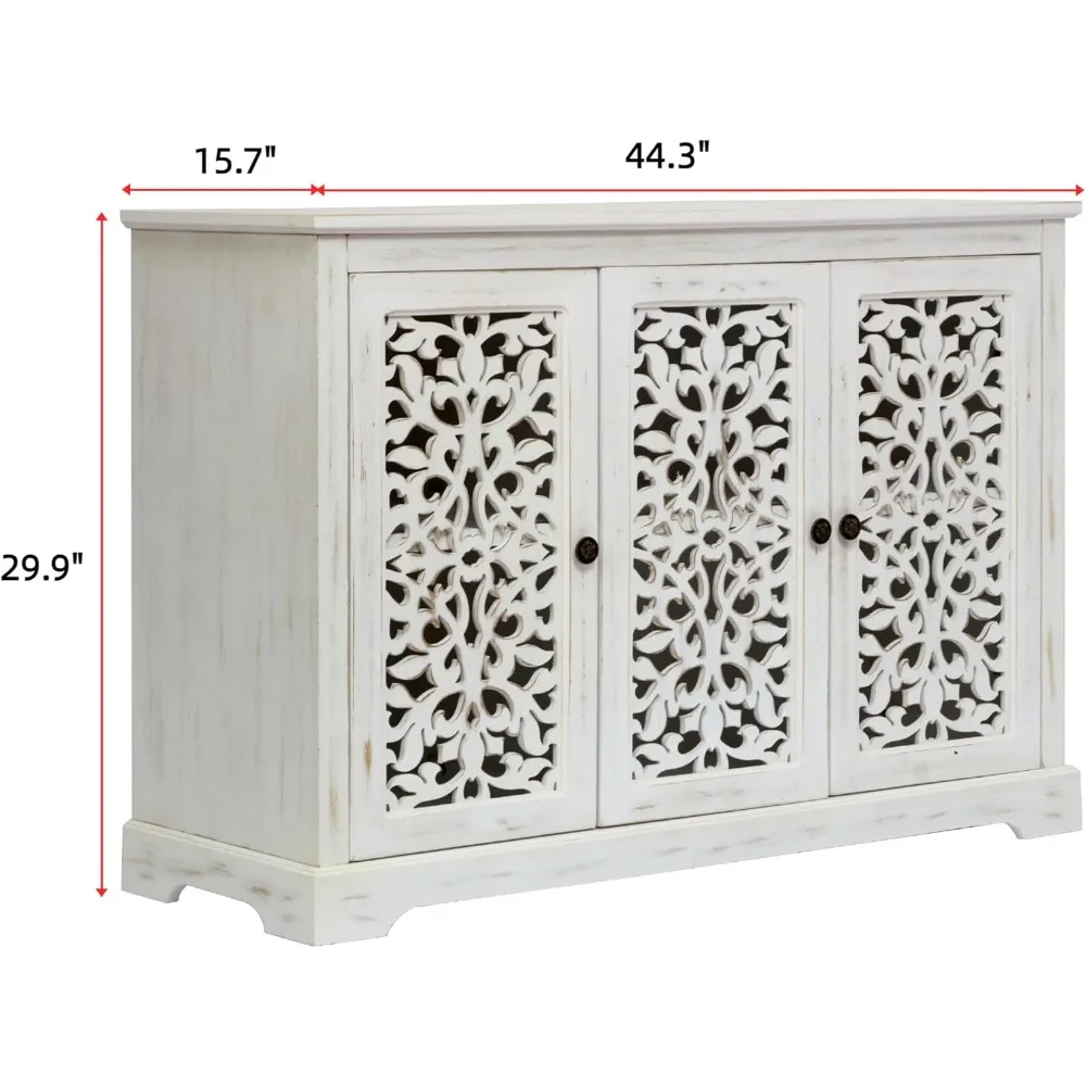 44 خزانة بوفيه جانبية، تخزين لهجة المزرعة مع 3 أبواب منحوتة مجوفة لغرفة المعيشة/الطعام، مطبخ عتيق مع