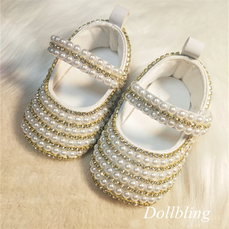 Dollbling Princess Girl Off-white Pearls Ordinal Rhinestone Comfortable Soft Cotton Inner Hook and Loop Toddler Crib Shoes