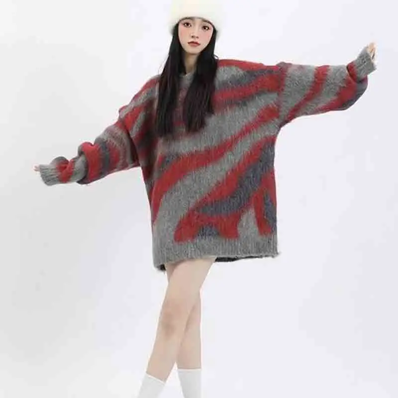 Streetwear Fashion Women Mohair Sweater Autumn Winter New Oversized Contrasting Colors Casual Long Sleeve Irregular Knitted Top