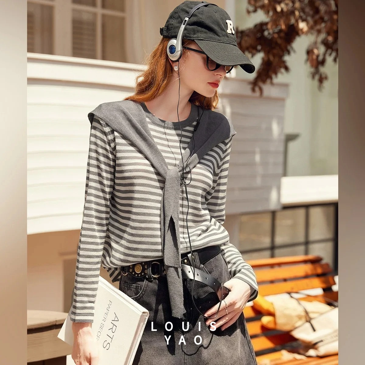 LOUISYAO Shawl Striped Knitted Long Sleeve Pullovers 52025 Autumn Tops Slightly Stretchy Fabric Round Neck Women's Knitwear