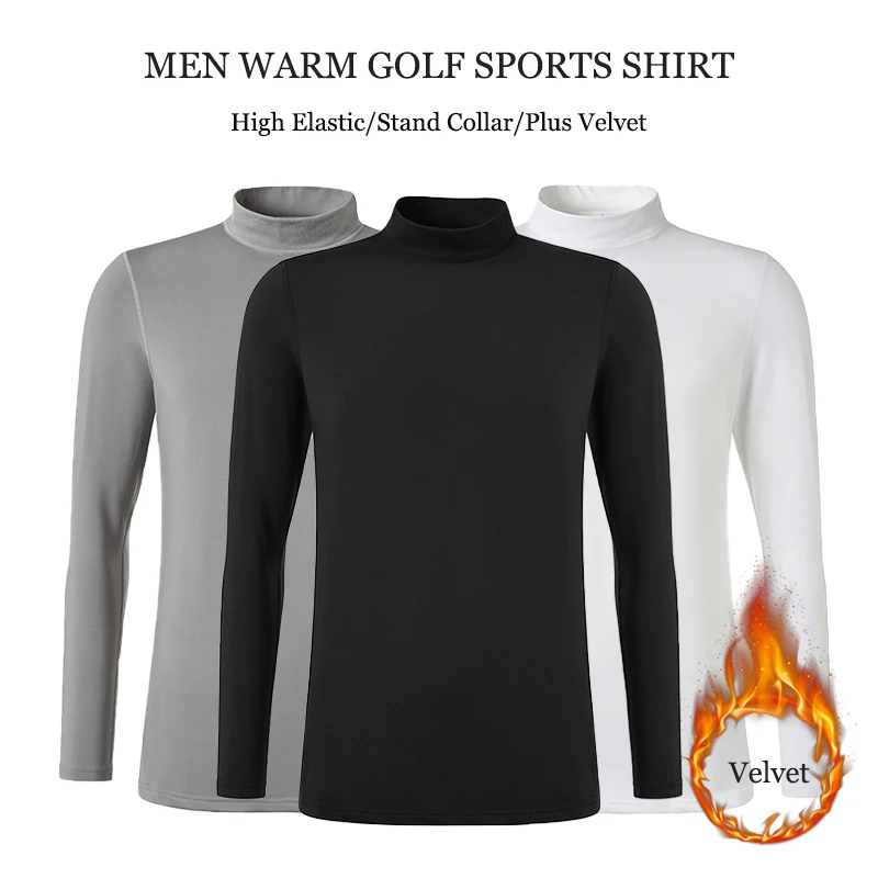 

Winter Men Sports Golf Wear Long-sleeved Fleece Golf Shirt Male Keep Warm Underwear Elastic T-shirt Soft Tops Stand Collar S-3XL