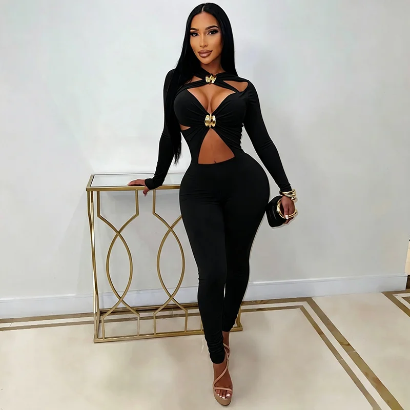 Sexy Hot Girl Cropped Openwork Metal Zipper Long Sleeve Solid Color Leggings