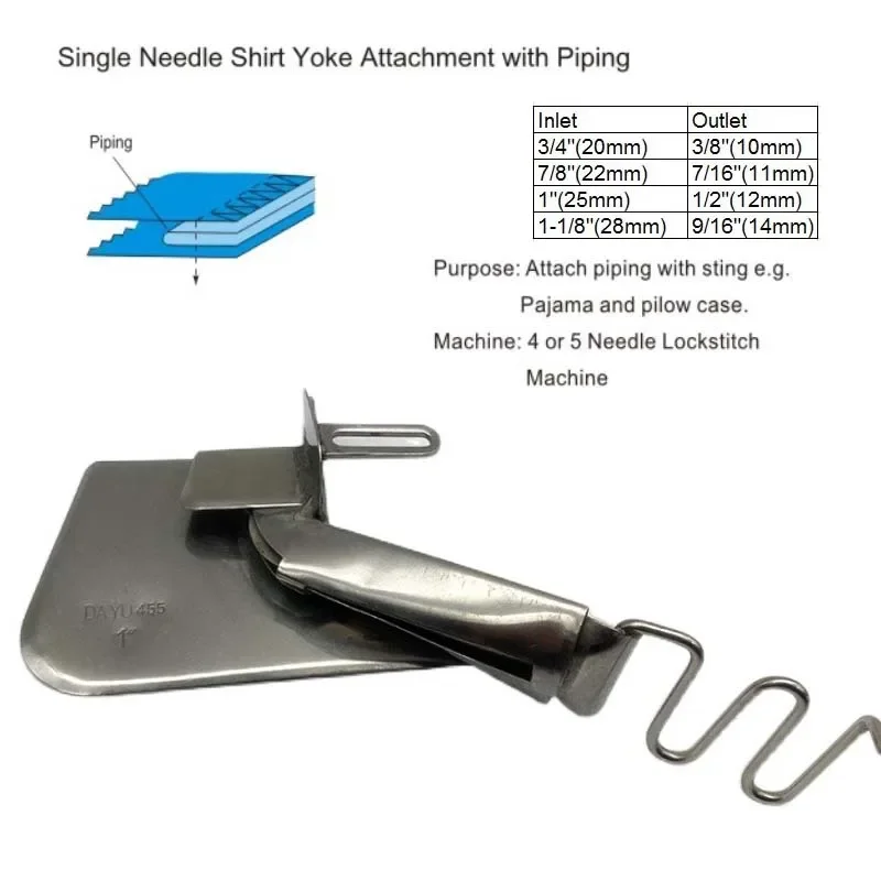 Single Needle Shirt Yoke Attachment with Piping for 4 or 5 Thread Industrial Overlock Sewing Machine Side Seam Folder Binder