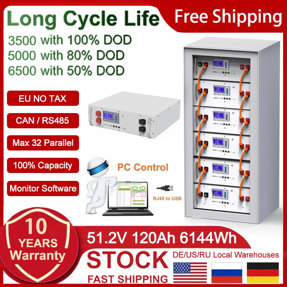 48V 120Ah 6Kwh LiFePO4 Battery 51.2V 100Ah 60Ah 6000+ Cycles 108% Capacity Max 32 Parallel PC Monitor RS485/CAN 10Year Warranty