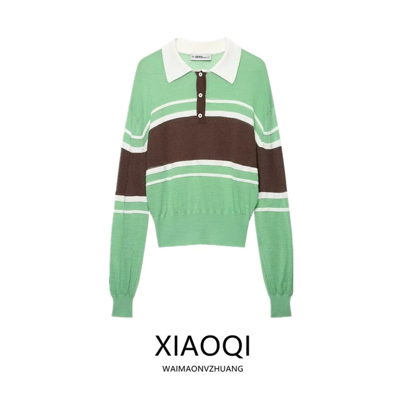 Women's Knitted Long Sleeve Color Block Striped  Shirt Casual Loose Fit Autumn New Arrival Fashion Elegant Style 2026