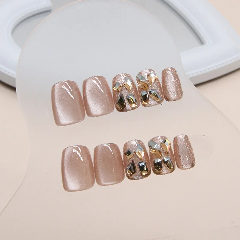 24Pcs Cat's Eye Handmade Fake Nails Tips Glitter Mid-length Oval Press on Nails Art Bow Rhinestone Design False Nail Sets - view 4