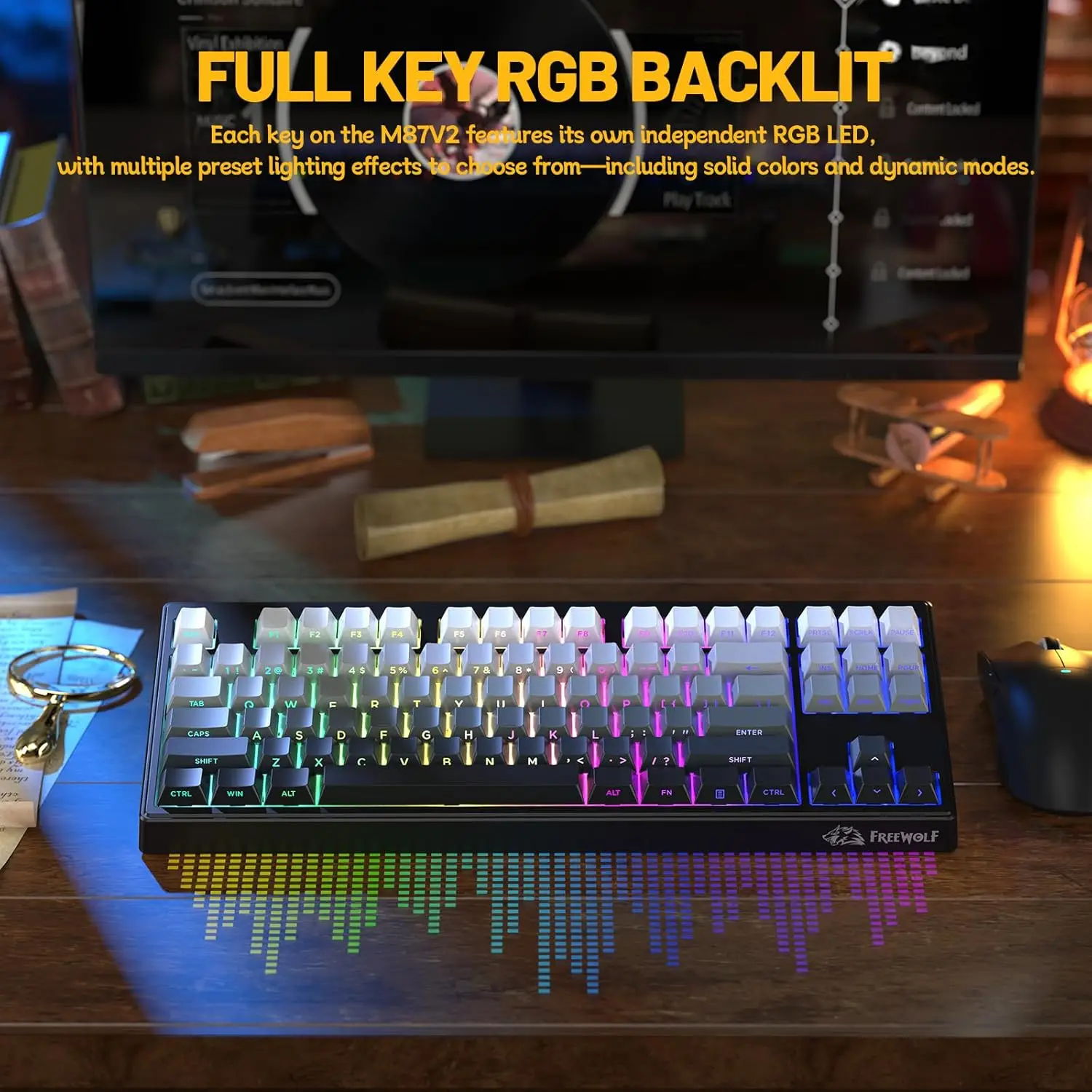 M87V2 Wireless Keyboard,Low Profile Quiet Typing Membrane Gaming Keyboard with 80% TKL Layout Side Printed Keys,RGB Backlit