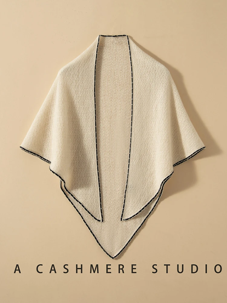 Pure Cashmere Triangle Big Scarf Contrasting Border Scarves Wrap Shawl 100% Cashmere Women Light Outer Winter Autumn 175x70cm