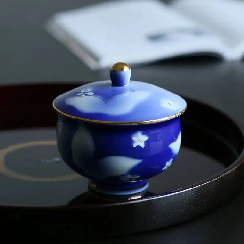 In Stock Japanese Imported Arita Butterfly Cherry Blossom Gold-Painted Lidded Tea Japanese-Style Three-Talented Cup Ceramic Ware
