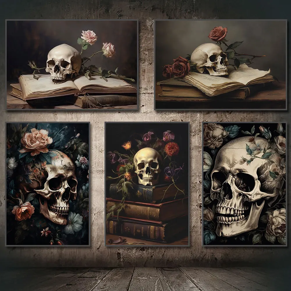 Vintage Skull with Roses Art Posters Canvas Painting Print Room Home Kitchen Bar Cafe Room Wall Decor