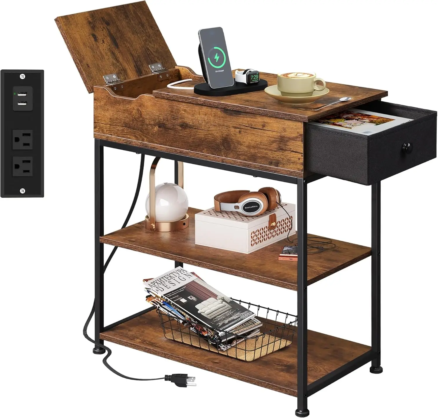 

Narrow Side Table with Charging Station, End Table for Living Room, Couch Side Table with Fabric Drawer for Bedroon, 11.8\u2018‘