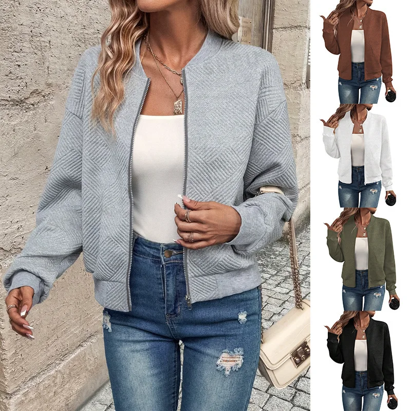 

Autumn New Solid Color Zipper Jacket Baseball Collar Casual Coat Women DFY10083