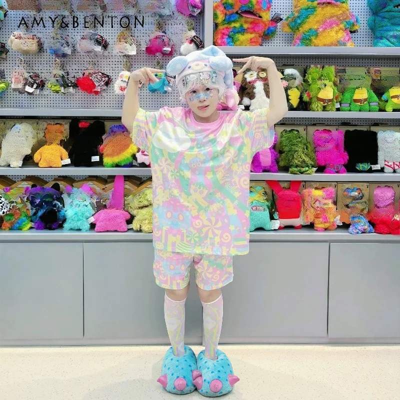 

Japanese Original Subculture Design Colorful Women's T-shirt 2026 New Sweet Cool Cute Loose Shorts Socks Three-piece Sets Ladies