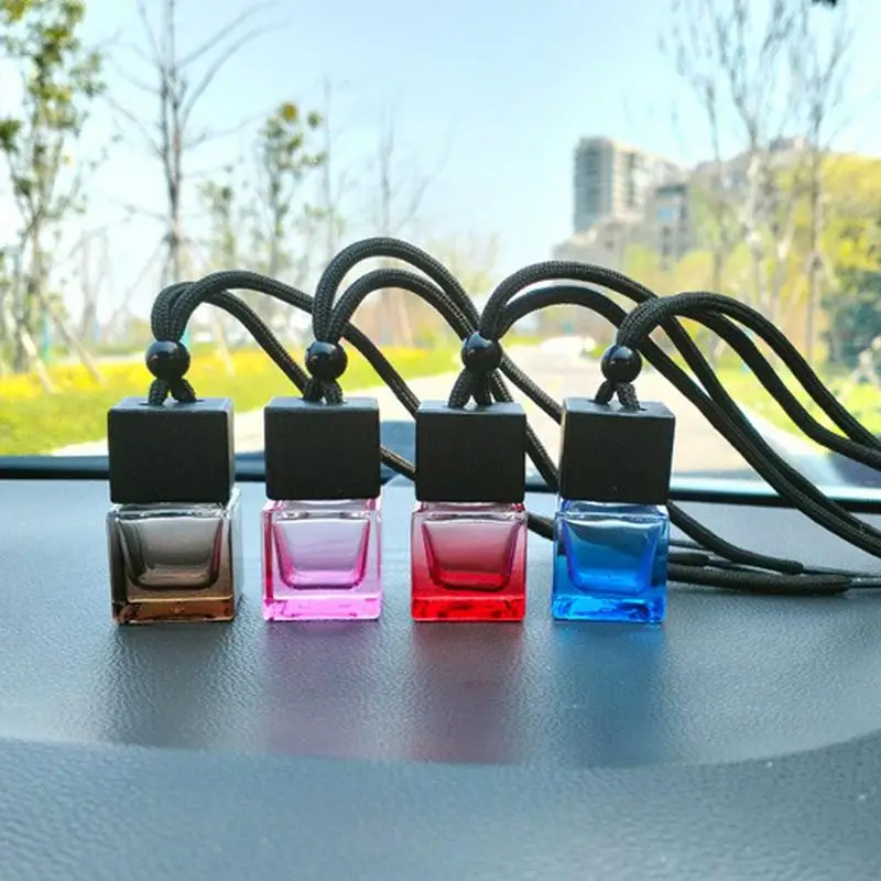 1Pc Black Cover Square Glass Car Perfume Empty Bottle Pendant Car Mounted Perfume Pendant Fragrance Oil Diffuser Car Interior