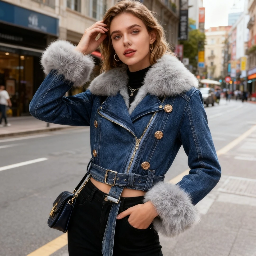 여성용 펑크 재킷 데님 숏 두꺼운 가을 겨울 Y2K 탑 캐주얼 고딕 바이커 인조 여우털 지퍼 두꺼운 코트 따뜻한 아우터웨어