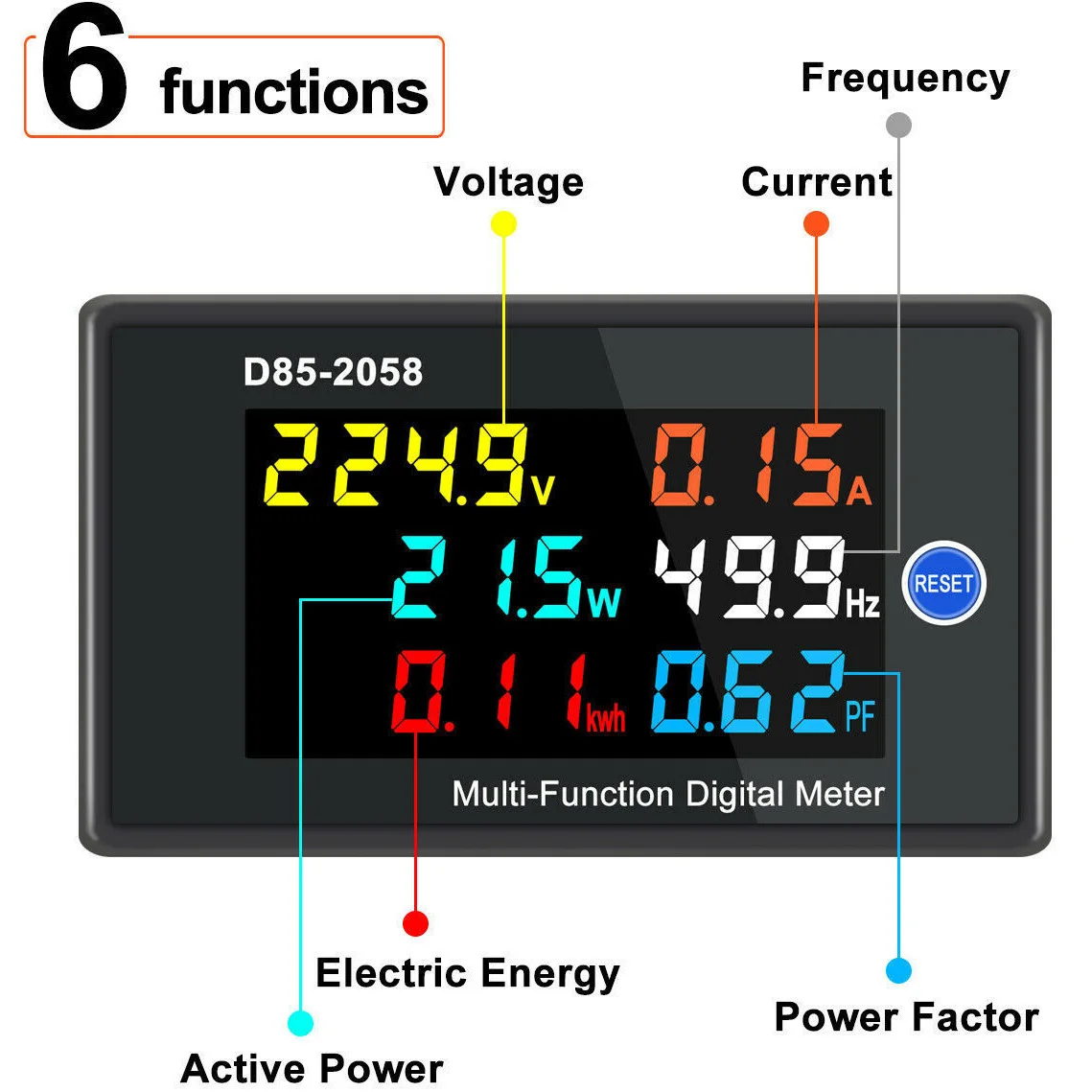 D85-2058 AC40-300V Digital Voltmeter Ammeter Multi-function Single Phase AC Power Frequency Electric Energy Power Factor Monitor