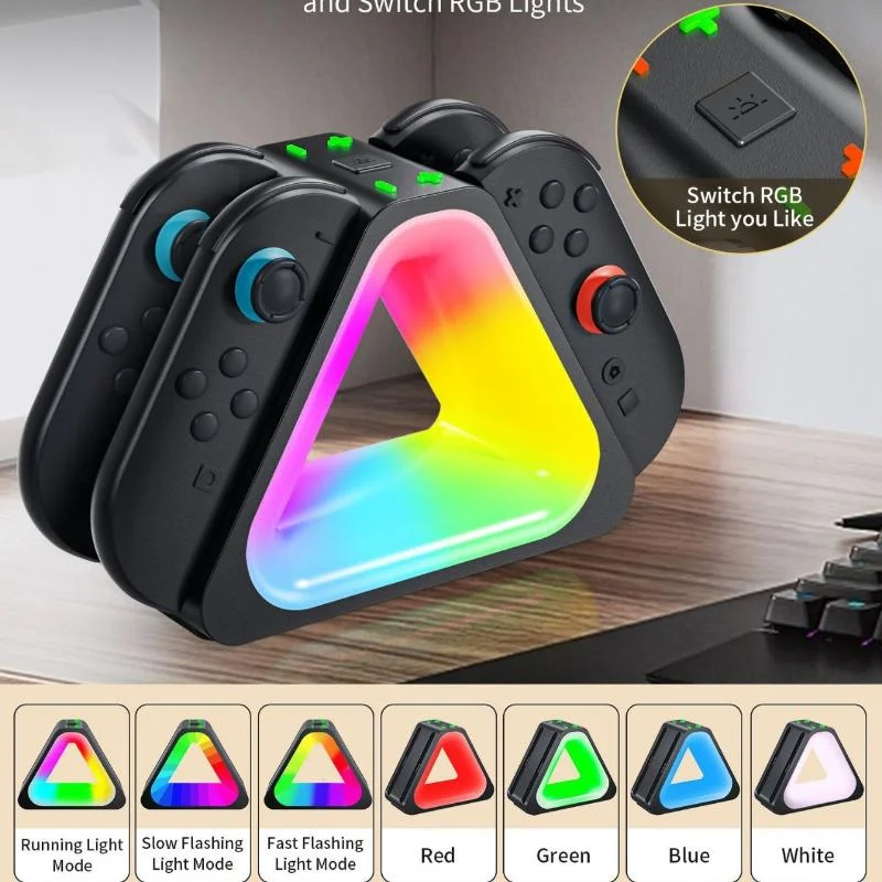 Ładowarka do 2 kontrolerów Joy-Con Switch, stacja szybkiego ładowania 4 w 1 do kontrolerów NS2, trójkątny kształt z podświetleniem RGB LED